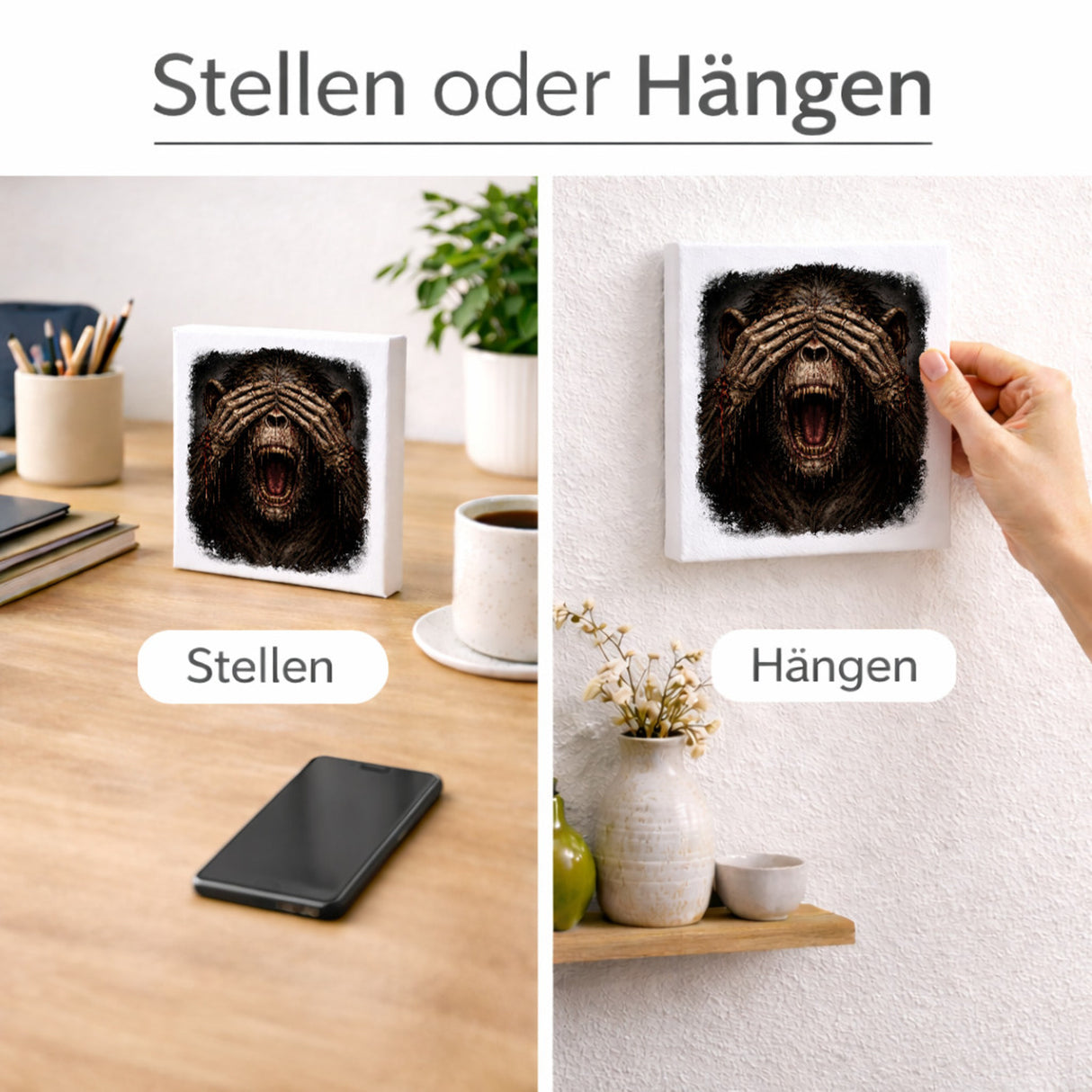 Drei weise Zombie Affen nichts sehen Holzbild in 10x10 cm zum Stellen oder Aufhängen
