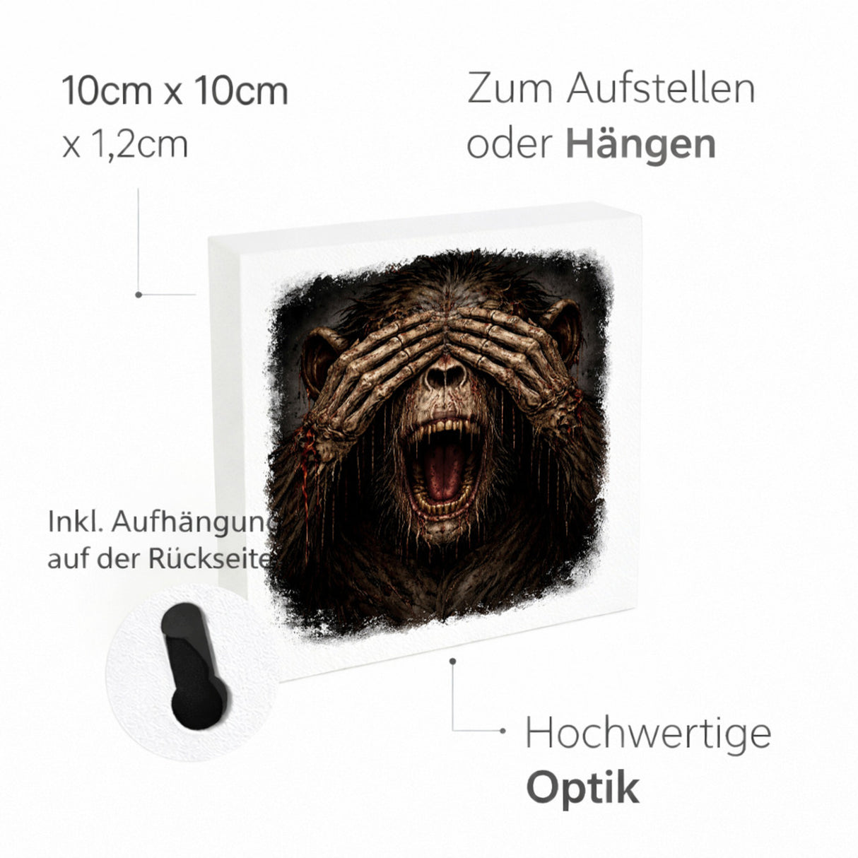 Drei weise Zombie Affen nichts sehen Holzbild in 10x10 cm zum Stellen oder Aufhängen