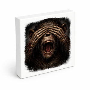Drei weise Zombie Affen nichts sehen Holzbild in 10x10 cm zum Stellen oder Aufhängen
