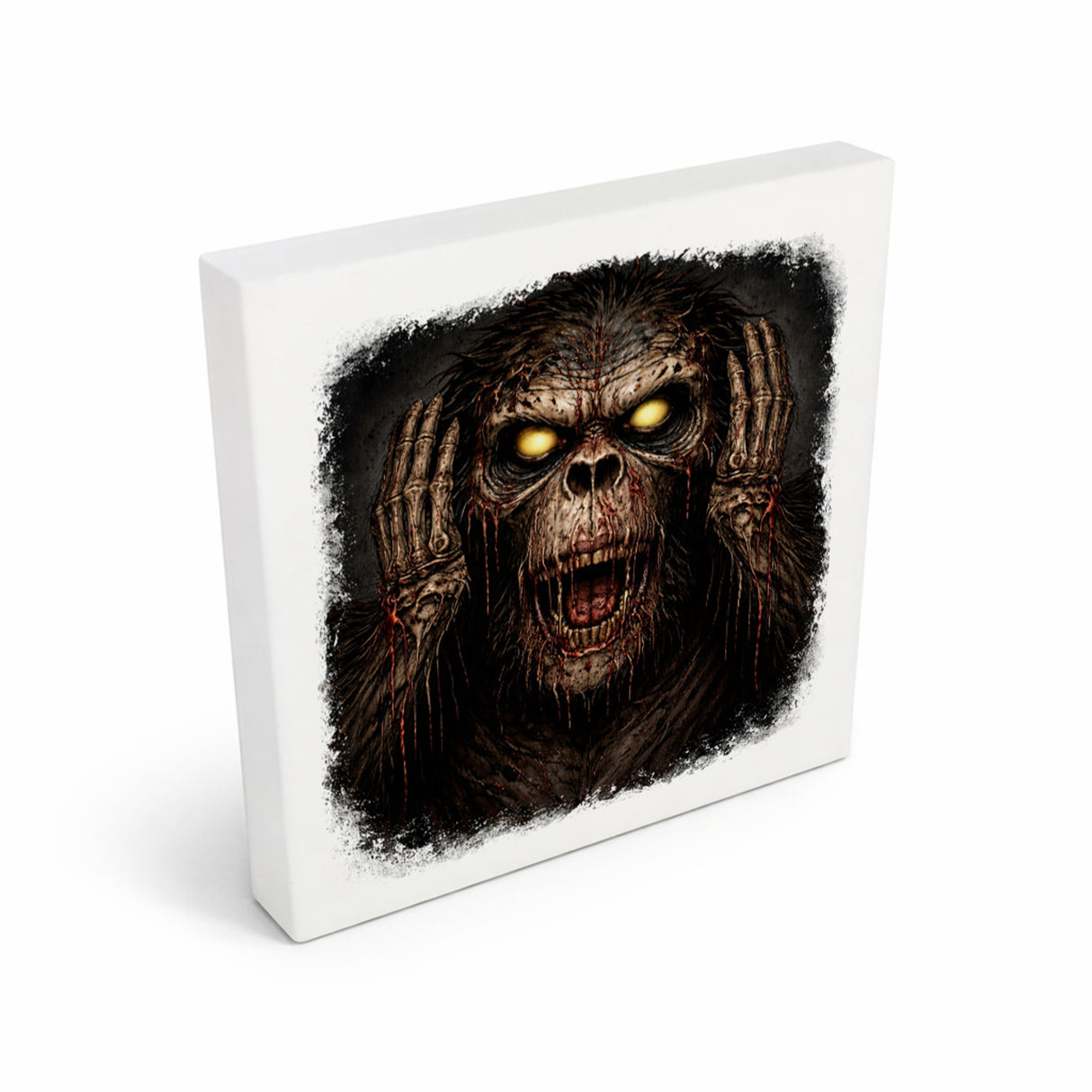 Drei weise Zombie Affen nichts hören Holzbild in 10x10 cm zum Stellen oder Aufhängen