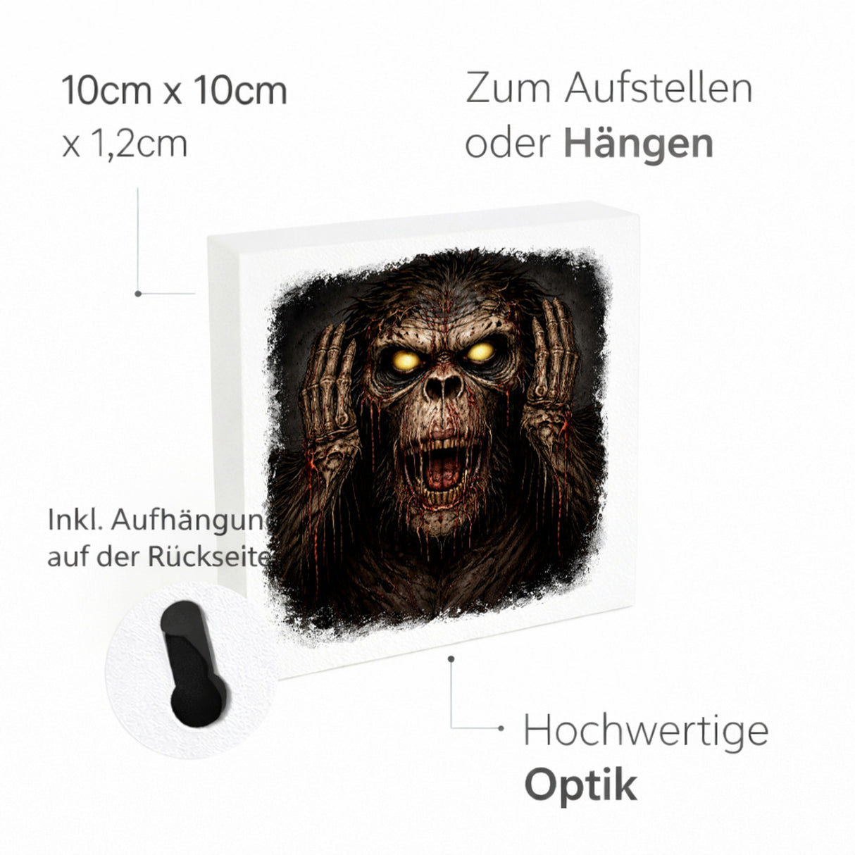 Drei weise Zombie Affen nichts hören Holzbild in 10x10 cm zum Stellen oder Aufhängen