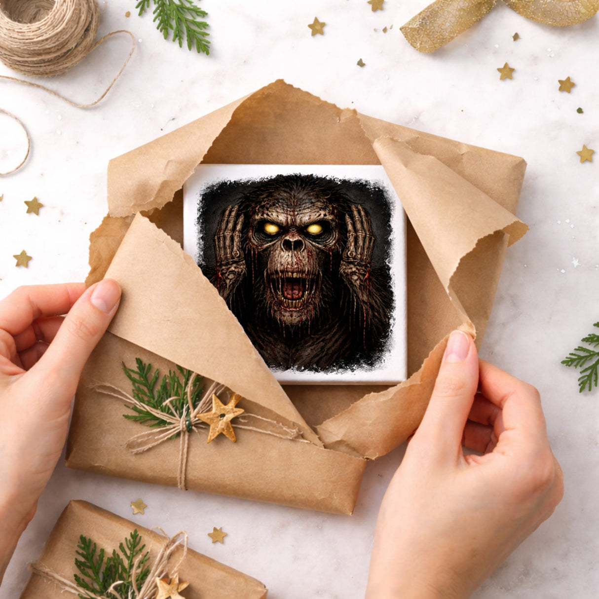 Drei weise Zombie Affen nichts hören Holzbild in 10x10 cm zum Stellen oder Aufhängen