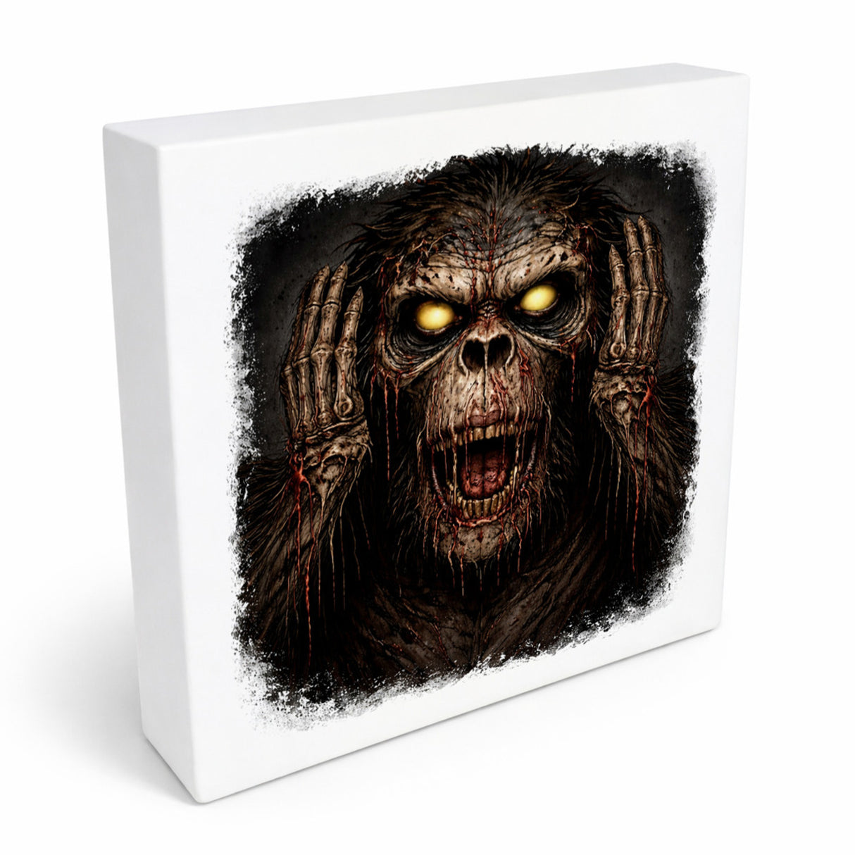 Drei weise Zombie Affen nichts hören Holzbild in 10x10 cm zum Stellen oder Aufhängen