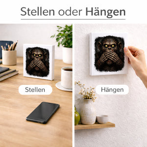 Drei weise Zombie Affen nichts sprechen Holzbild in 10x10 cm zum Stellen oder Aufhängen