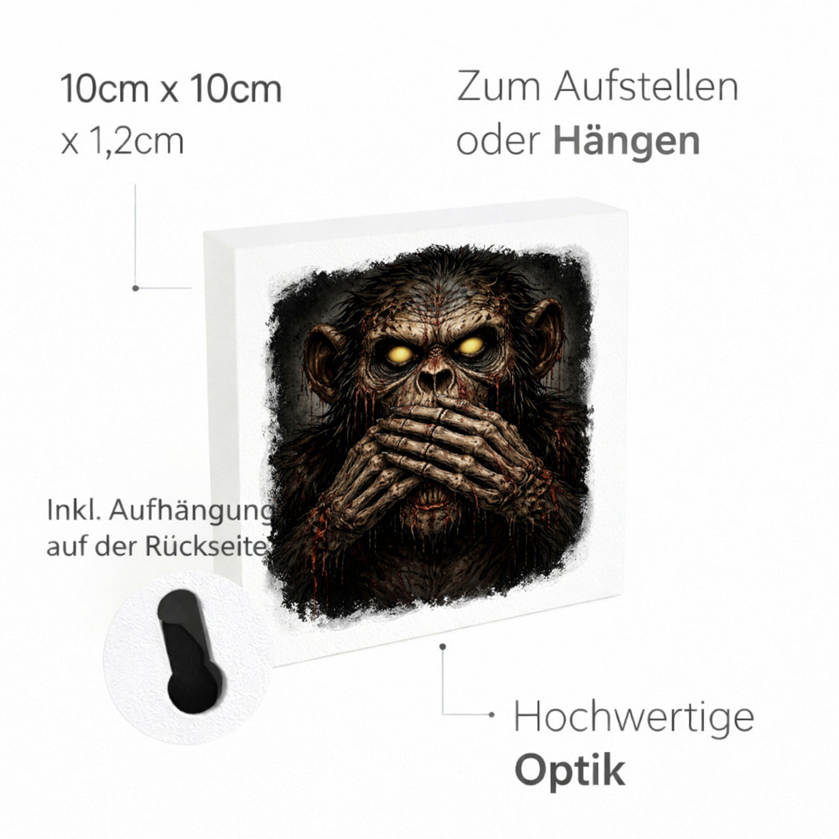 Drei weise Zombie Affen nichts sprechen Holzbild in 10x10 cm zum Stellen oder Aufhängen