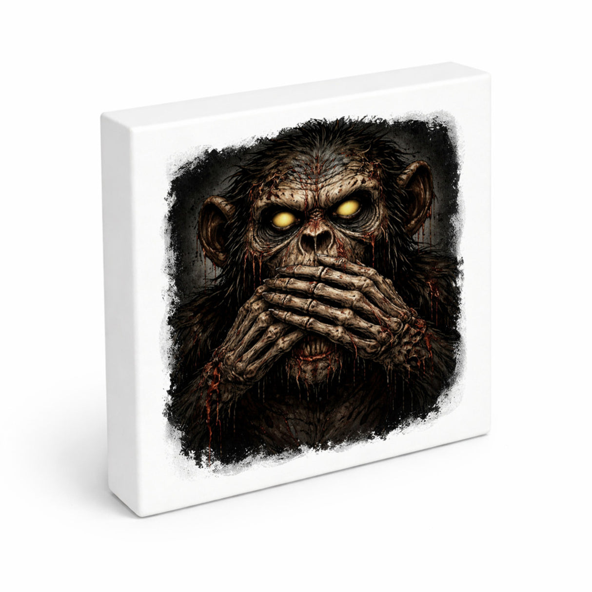 Drei weise Zombie Affen nichts sprechen Holzbild in 10x10 cm zum Stellen oder Aufhängen
