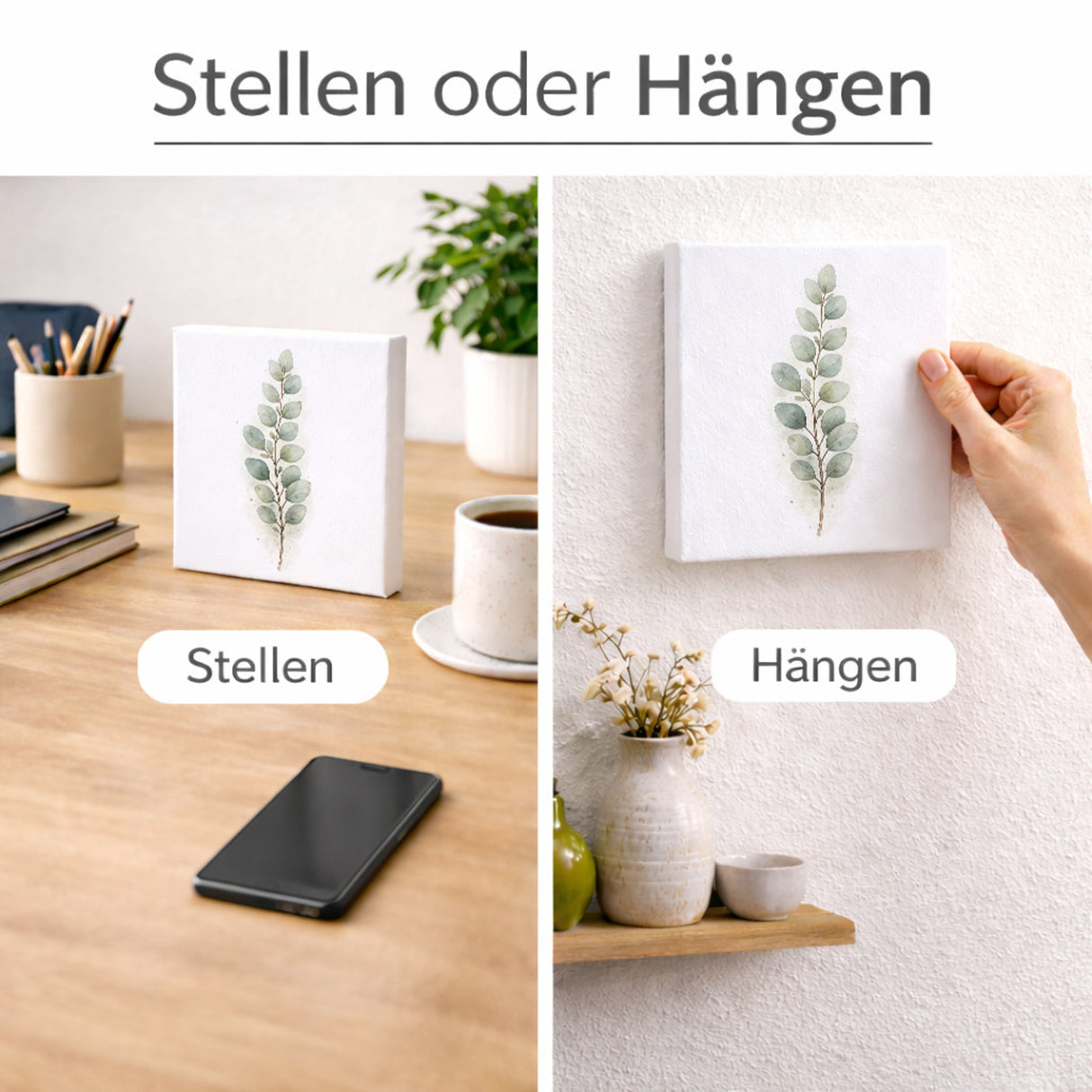 Ruhe Quelle Eukalyptuszweig Holzbild in 10x10 cm zum Stellen oder Aufhängen