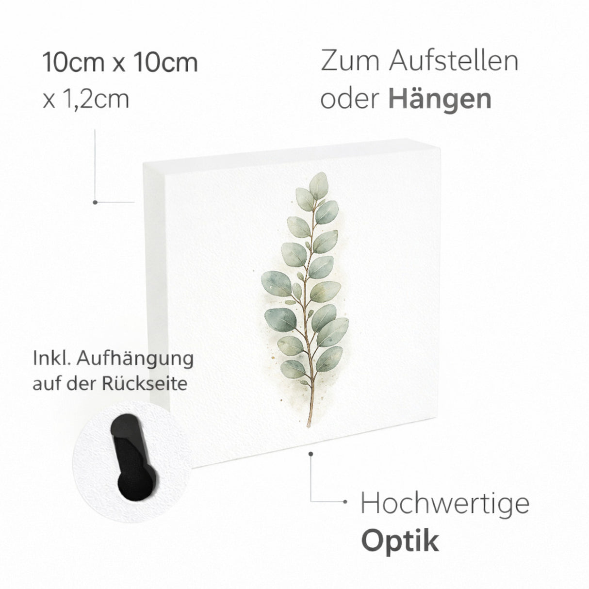 Ruhe Quelle Eukalyptuszweig Holzbild in 10x10 cm zum Stellen oder Aufhängen