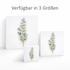 Ruhe Quelle Eukalyptuszweig Holzbild in 10x10 cm zum Stellen oder Aufhängen