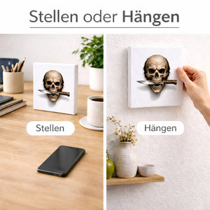 Klingenschädel Totenkopf 3 Holzbild in 10x10 cm zum Stellen oder Aufhängen