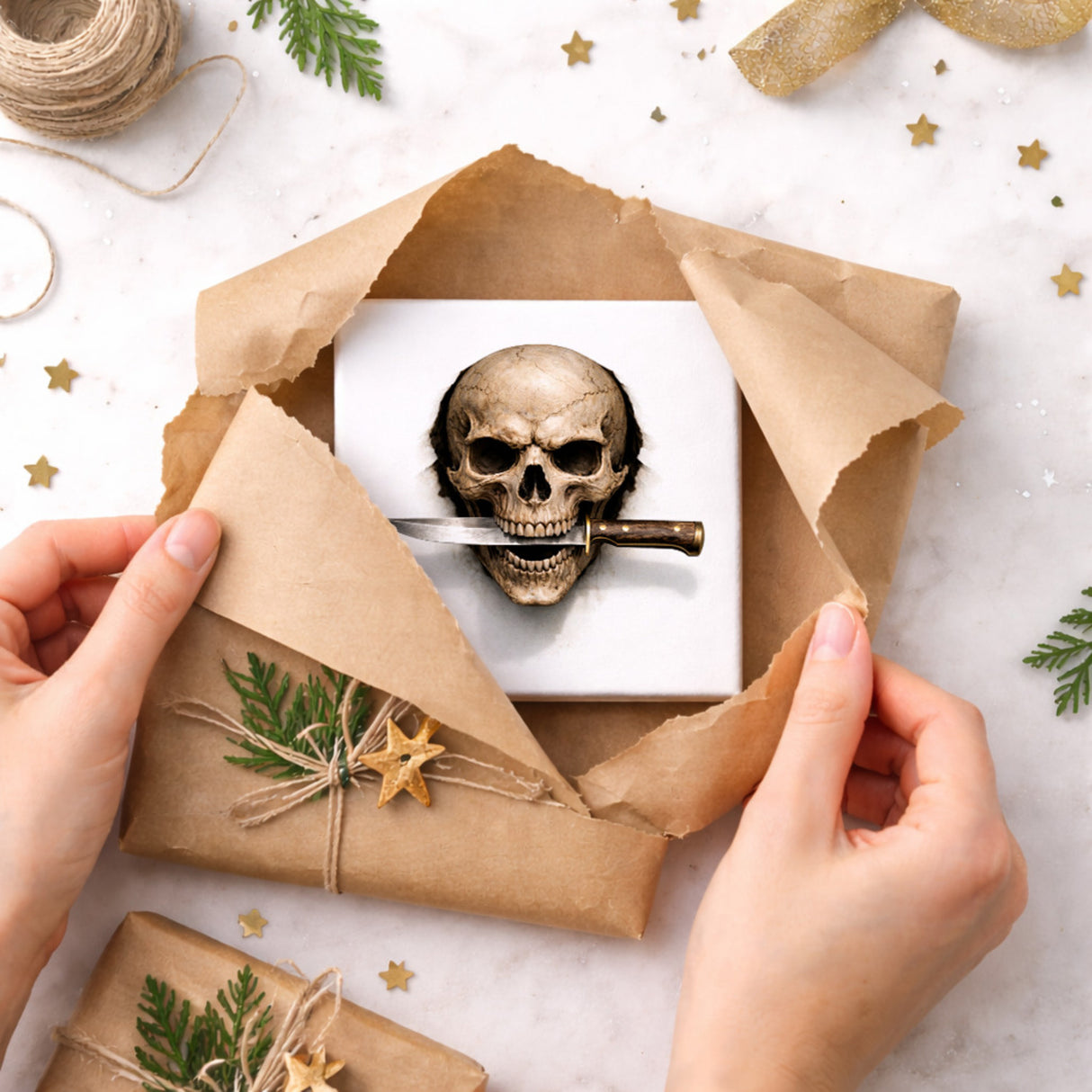 Klingenschädel Totenkopf 3 Holzbild in 10x10 cm zum Stellen oder Aufhängen