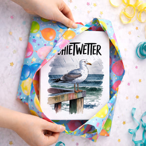 Möwe im Regen Holzbild in 20x15 cm zum Stellen oder Aufhängen - SCHIETWETTER