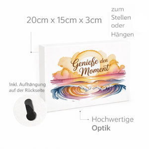 Sonnenuntergang Genieße den Moment Holzbild in 20x15 cm zum Stellen oder Aufhängen