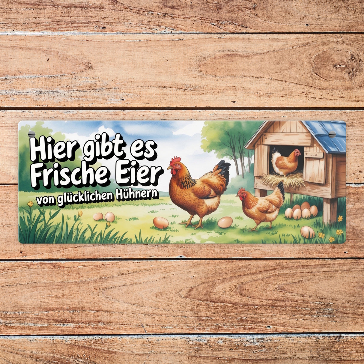 Frische Eier von glücklichen Hühnern Metallschild Ländliche Hühnerillustration