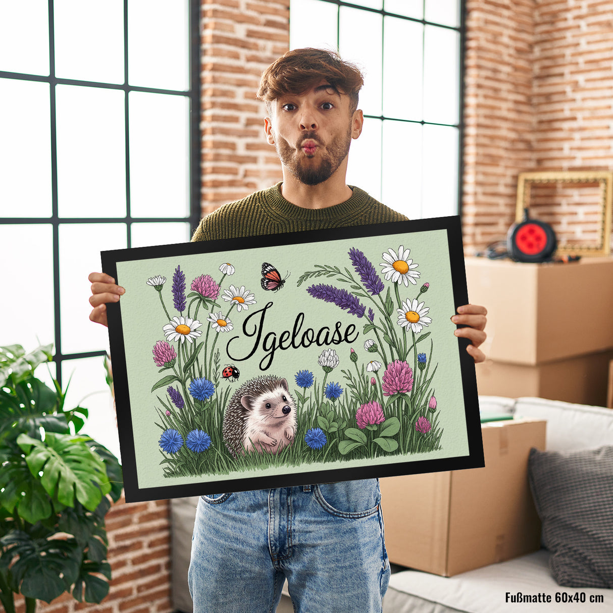 Igel auf Wildblumen Igeloase Fußmatte in 35x50 cm Gartendeko
