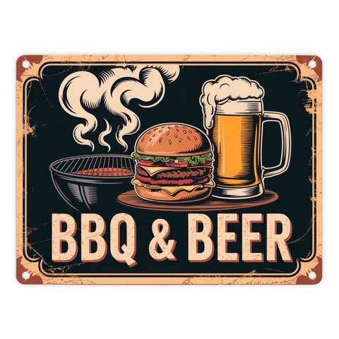 Burger und Bier Metallschild in 15x20 cm BBQ und Beer Vintage