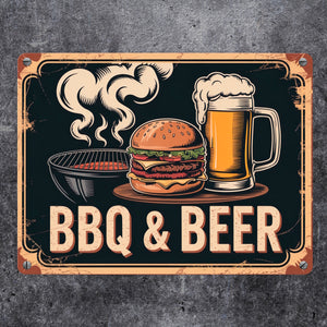 Burger und Bier Metallschild in 15x20 cm BBQ und Beer Vintage