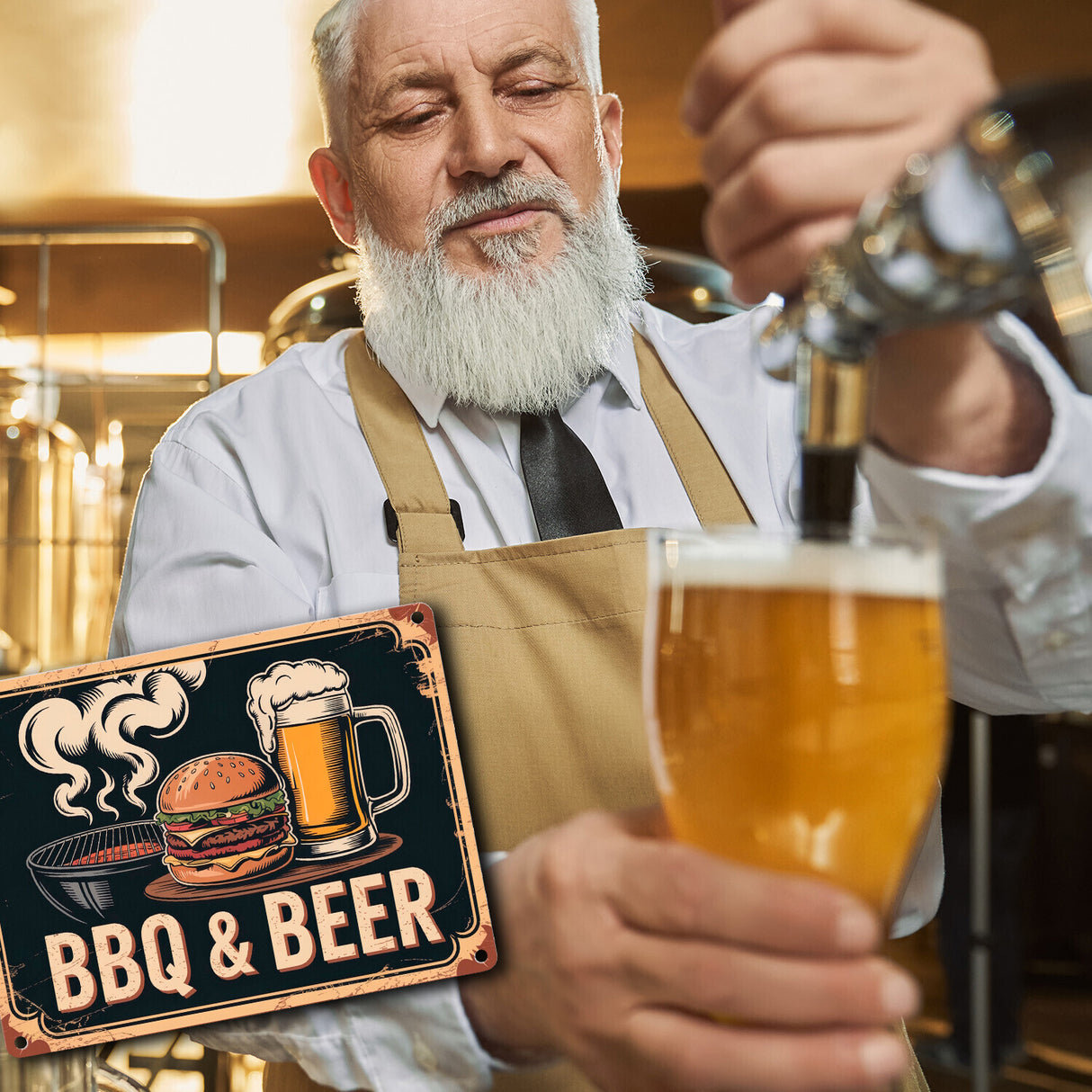 Burger und Bier Metallschild in 15x20 cm BBQ und Beer Vintage