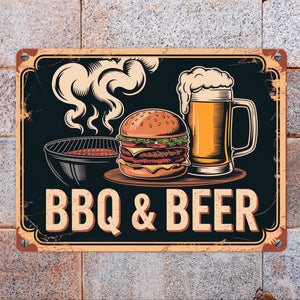 Burger und Bier Metallschild in 15x20 cm BBQ und Beer Vintage