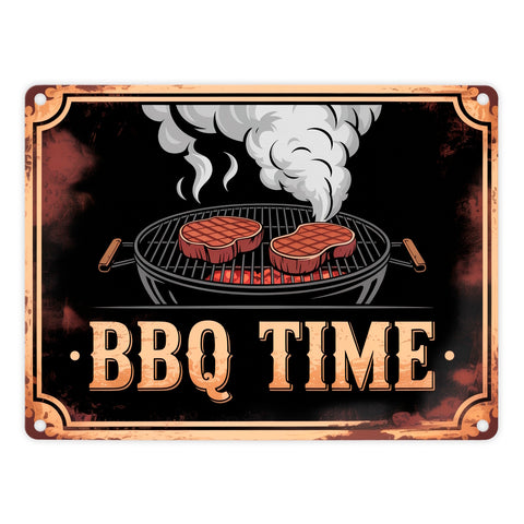 Grill mit Steaks Metallschild in 15x20 cm BBQ Time