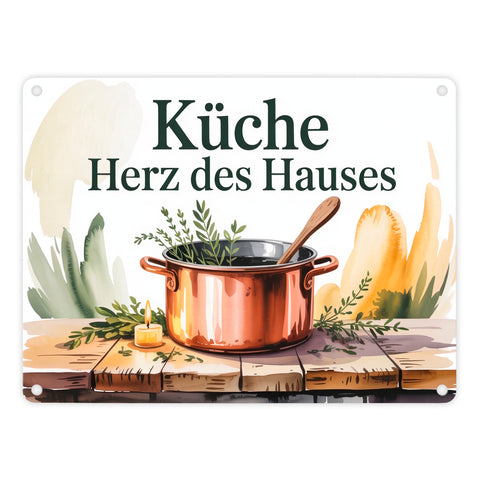 Küche Herz des Hauses Kochtopf Kräuter Metallschild in 15x20 cm