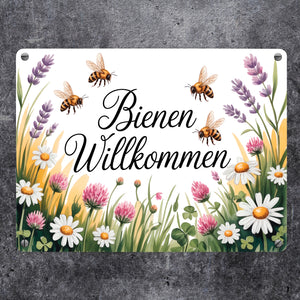 Wildblumenwiese Bienen willkommen Metallschild in 15x20 cm