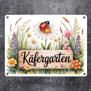 Käfergarten Marienkäfer auf Blume Metallschild in 15x20 cm Cottage-Garten