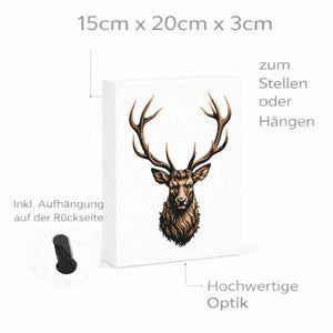 Hirsch mit prächtigem Geweih Holzbild in 20x15 cm zum Stellen oder Aufhängen für Naturfans