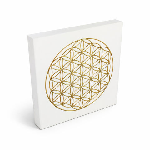 Blume des Lebens in Gold Holzbild in 10x10 cm zum Stellen oder Aufhängen