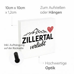 Griaß di im Zillertal! Holzbild in 10x10 cm zum Stellen oder Aufhängen mit Berglandschaft