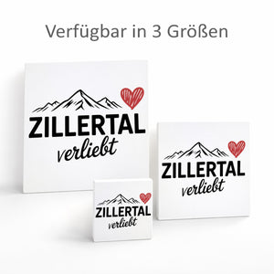 Griaß di im Zillertal! Holzbild in 10x10 cm zum Stellen oder Aufhängen mit Berglandschaft