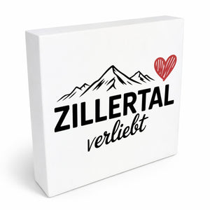 Griaß di im Zillertal! Holzbild in 10x10 cm zum Stellen oder Aufhängen mit Berglandschaft