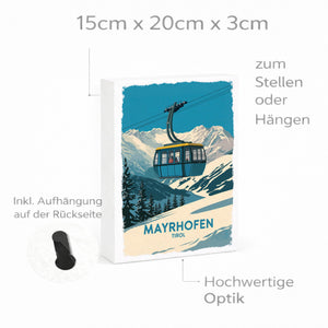 Mayrhofen Tirol Holzbild in 20x15 cm zum Stellen oder Aufhängen mit blau-gelber Seilbahn