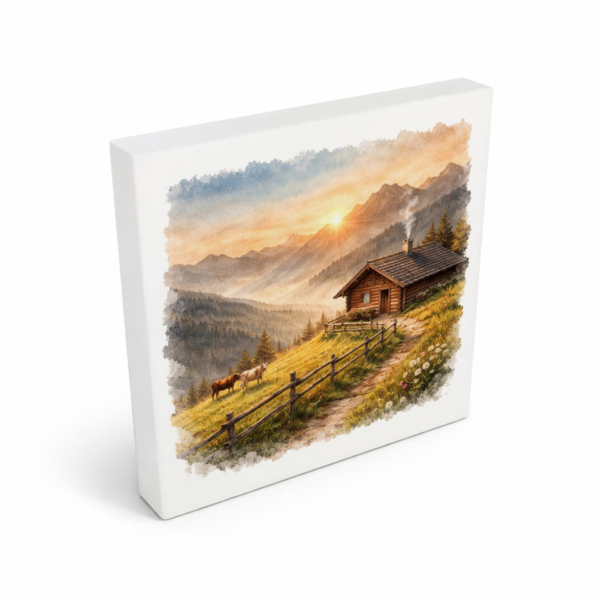 Licht der Berge Almhütte Holzbild in 10x10 cm zum Stellen oder Aufhängen