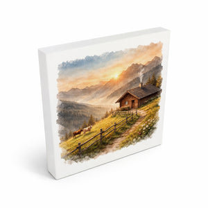 Licht der Berge Almhütte Holzbild in 10x10 cm zum Stellen oder Aufhängen