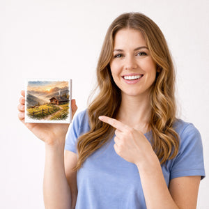 Licht der Berge Almhütte Holzbild in 10x10 cm zum Stellen oder Aufhängen