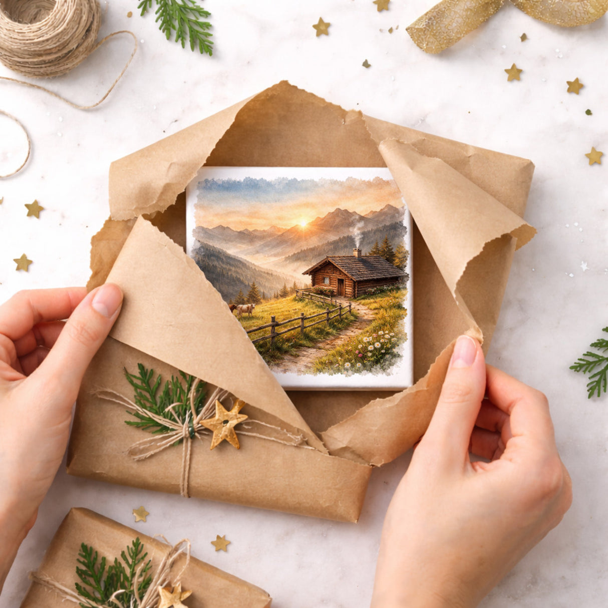 Licht der Berge Almhütte Holzbild in 10x10 cm zum Stellen oder Aufhängen