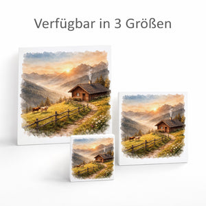 Licht der Berge Almhütte Holzbild in 10x10 cm zum Stellen oder Aufhängen
