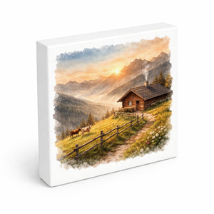 Licht der Berge Almhütte Holzbild in 10x10 cm zum Stellen oder Aufhängen