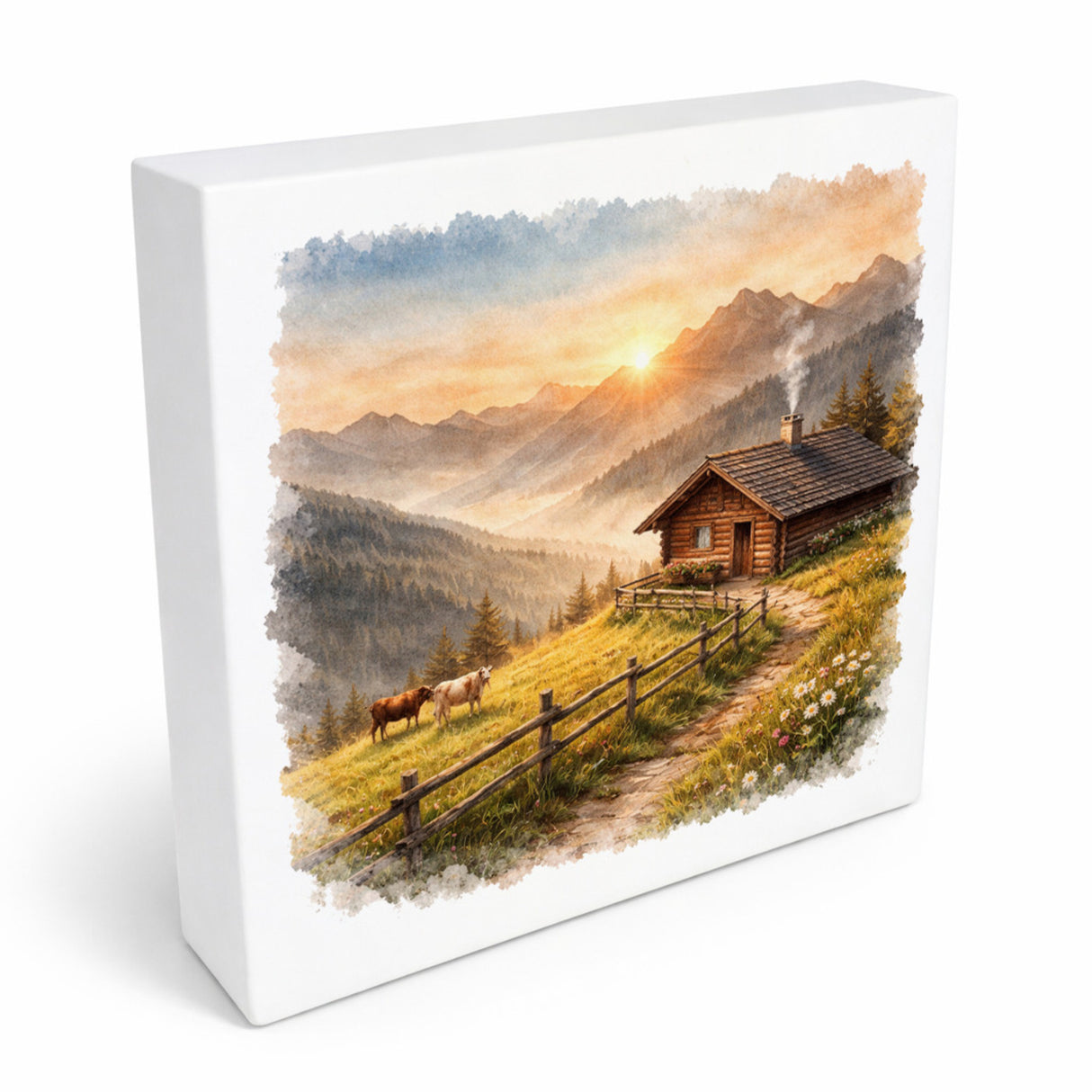 Licht der Berge Almhütte Holzbild in 10x10 cm zum Stellen oder Aufhängen