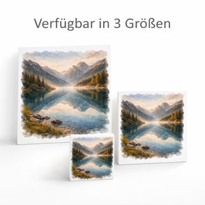 Licht der Berge Bergsee Holzbild in 10x10 cm zum Stellen oder Aufhängen