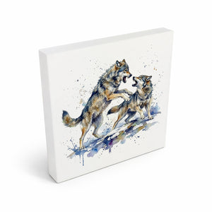 Wolfsrudel Kämpfende Wölfe Holzbild in 10x10 cm zum Stellen oder Aufhängen