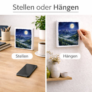 Bergidylle Berglandschaft bei Nacht Holzbild in 10x10 cm zum Stellen oder Aufhängen