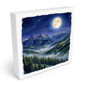 Bergidylle Berglandschaft bei Nacht Holzbild in 10x10 cm zum Stellen oder Aufhängen