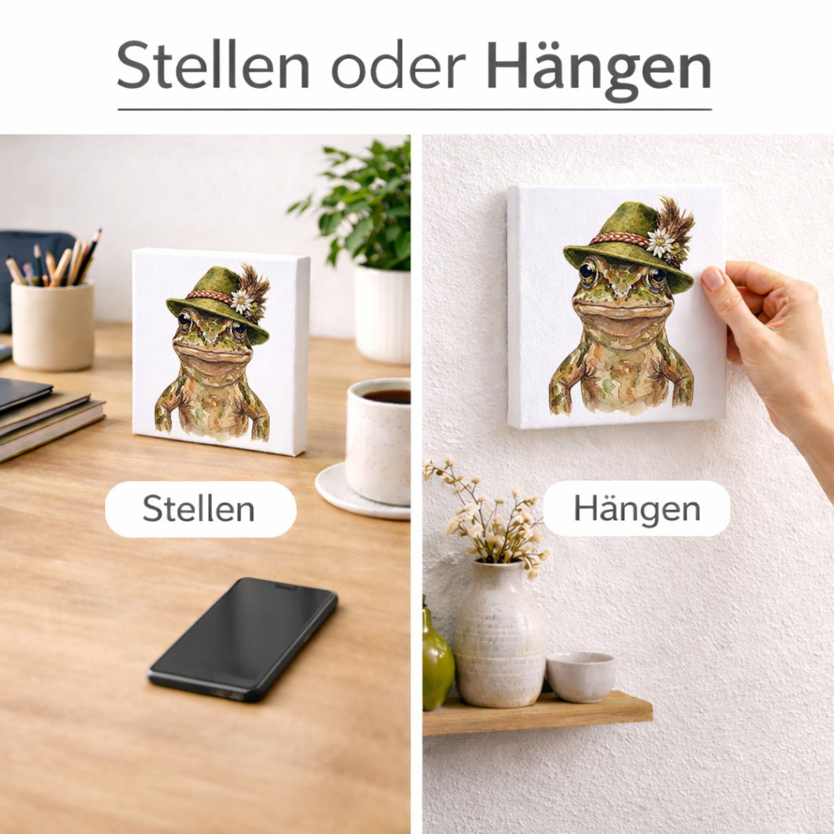Trachtenhut Amphibien-Tiere Grasfrosch Holzbild in 10x10 cm zum Stellen oder Aufhängen