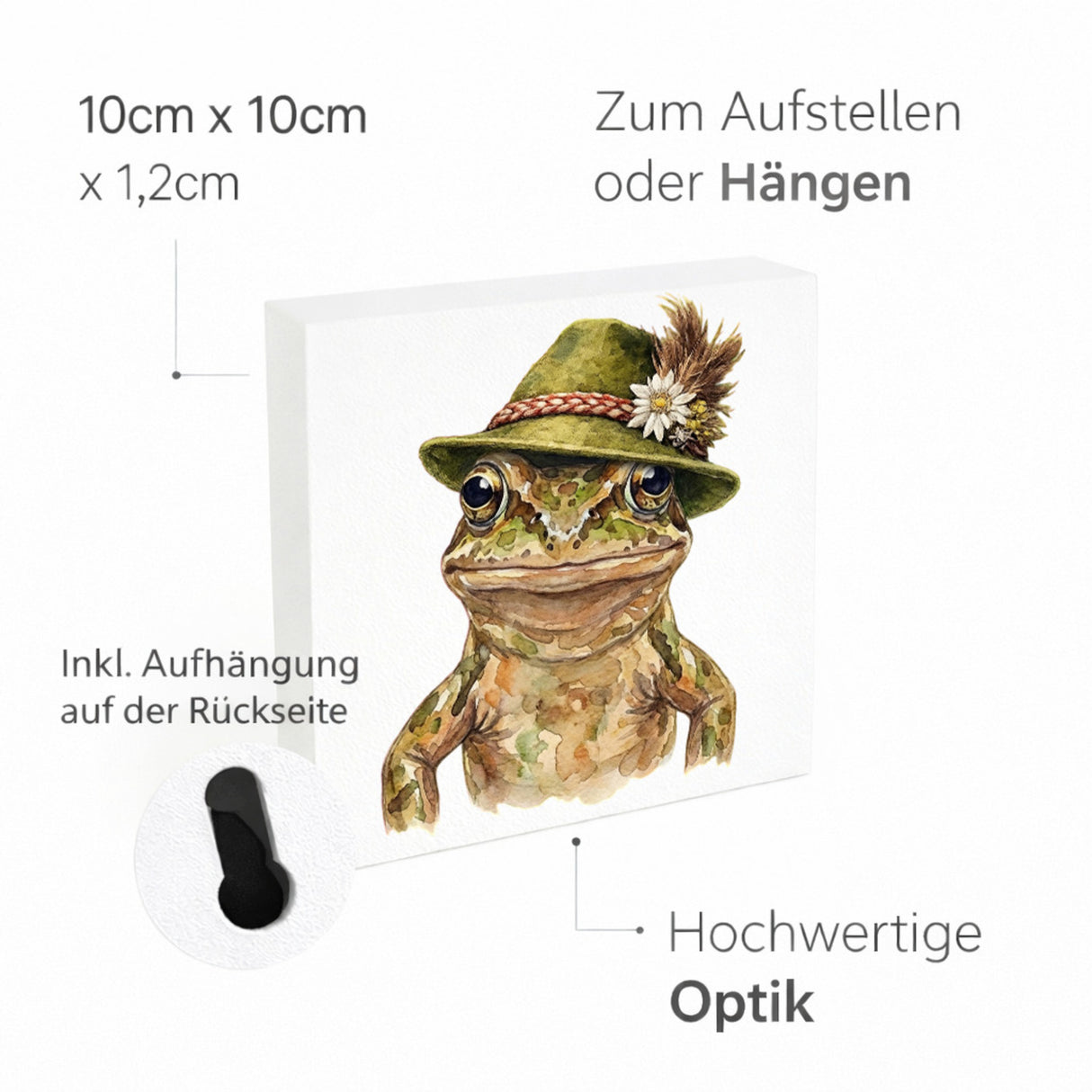 Trachtenhut Amphibien-Tiere Grasfrosch Holzbild in 10x10 cm zum Stellen oder Aufhängen