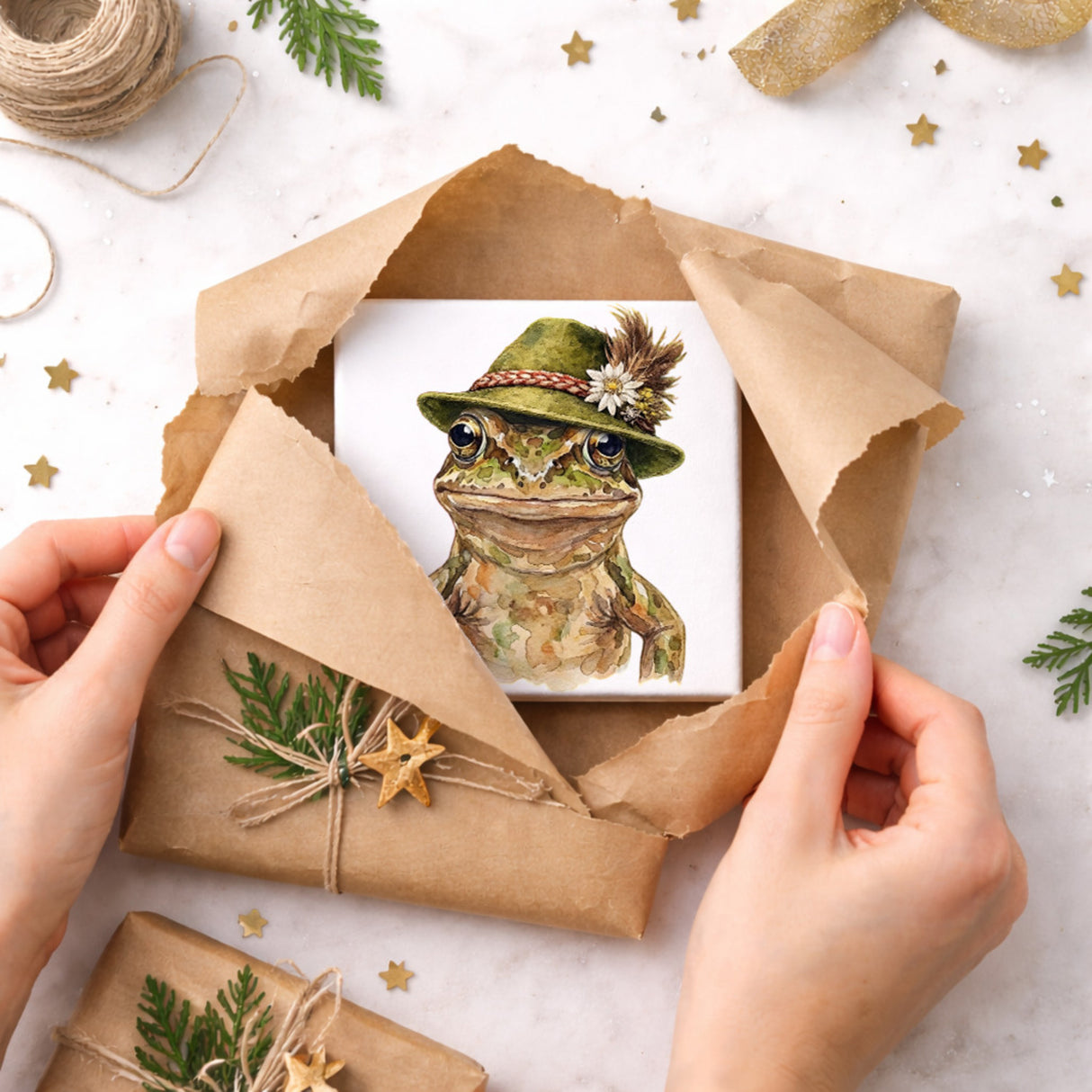 Trachtenhut Amphibien-Tiere Grasfrosch Holzbild in 10x10 cm zum Stellen oder Aufhängen