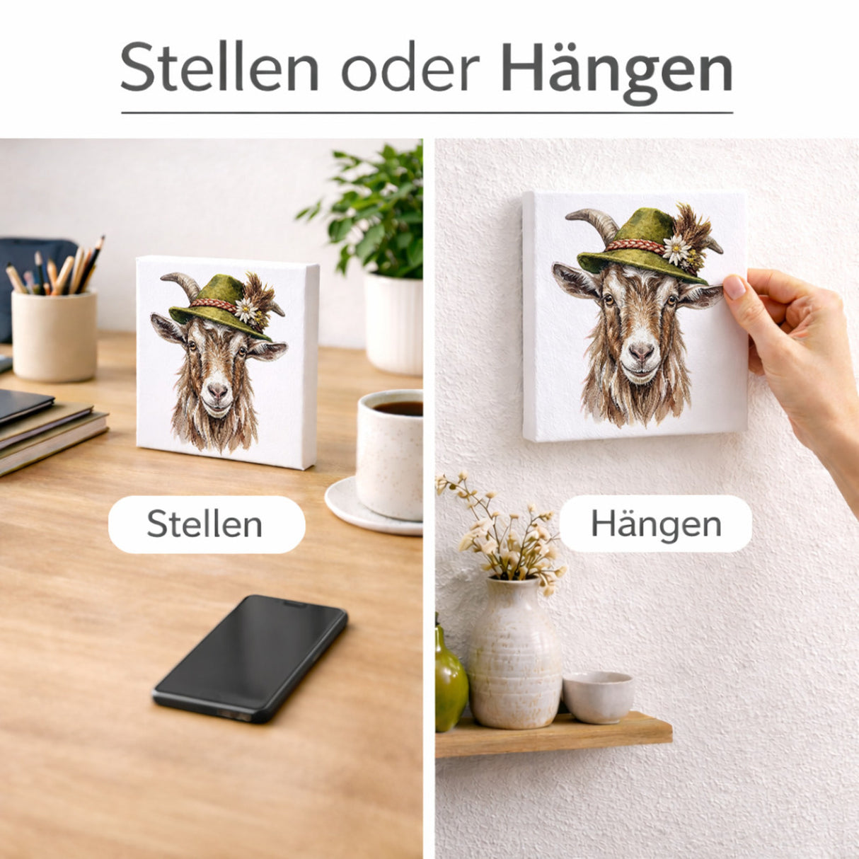 Trachtenhut Alm-Tiere Ziegen Holzbild in 10x10 cm zum Stellen oder Aufhängen