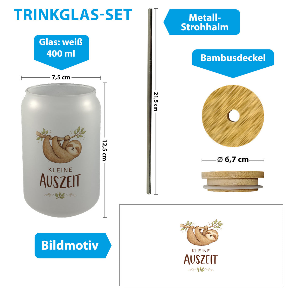 Faultier an Ast kleine Auszeit Trinkglas mit Bambusdeckel