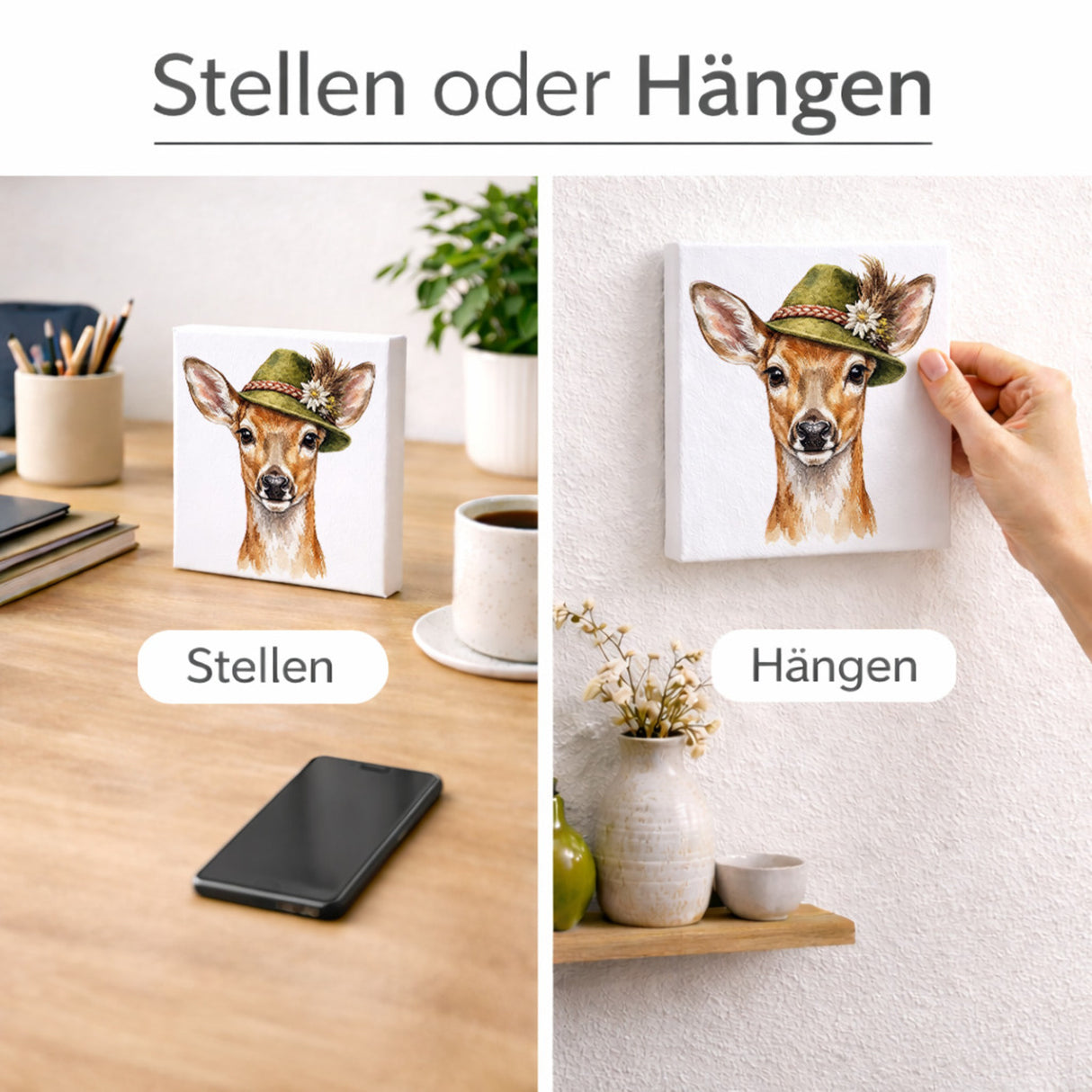 Trachtenhut Wald-Tiere Reh Holzbild in 10x10 cm zum Stellen oder Aufhängen